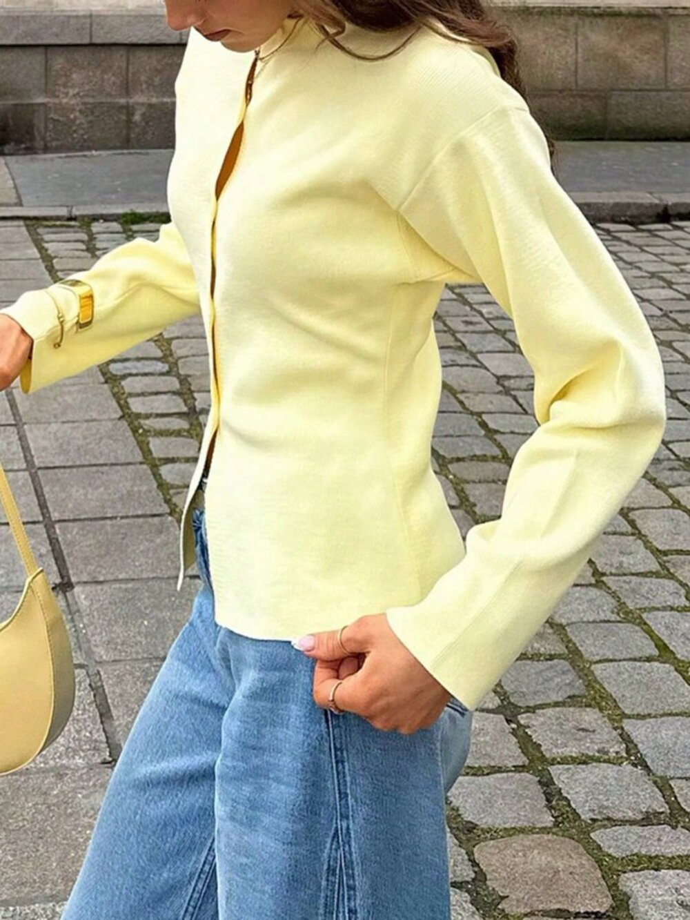 Yellow Casual Women's long sleeved button down Cardigan Sweater - Picture 3 of 11